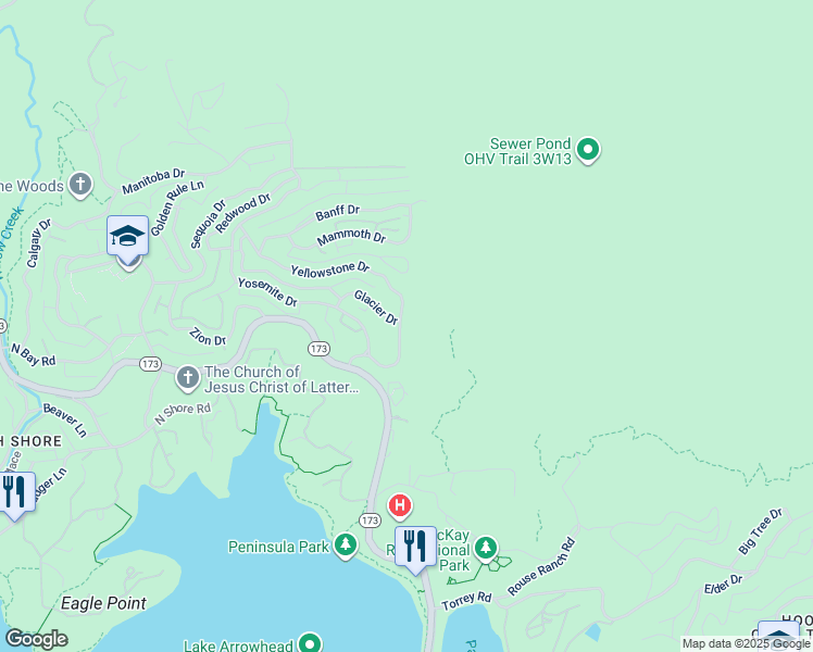 map of restaurants, bars, coffee shops, grocery stores, and more near 1211 Yellowstone Drive in Lake Arrowhead