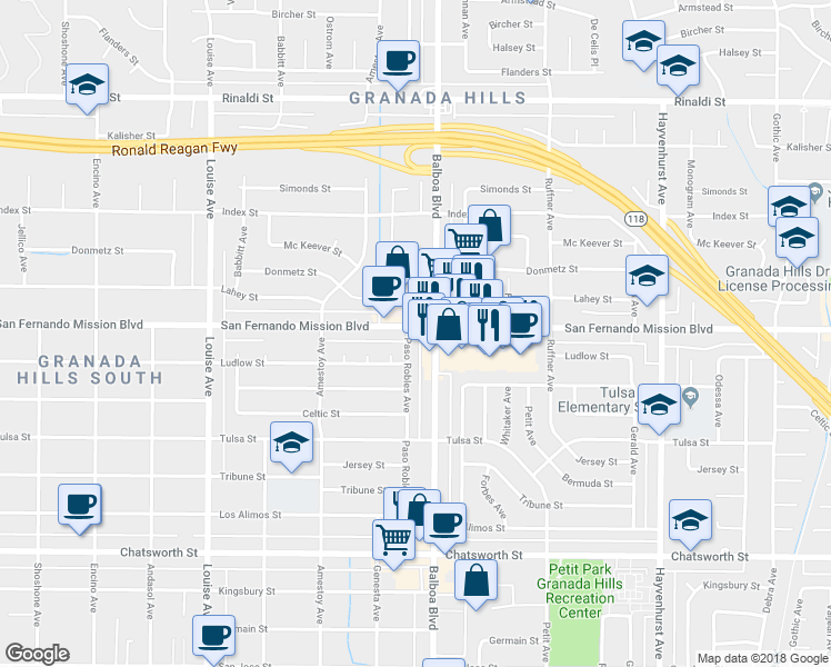 map of restaurants, bars, coffee shops, grocery stores, and more near 11060 Paso Robles Avenue in Los Angeles