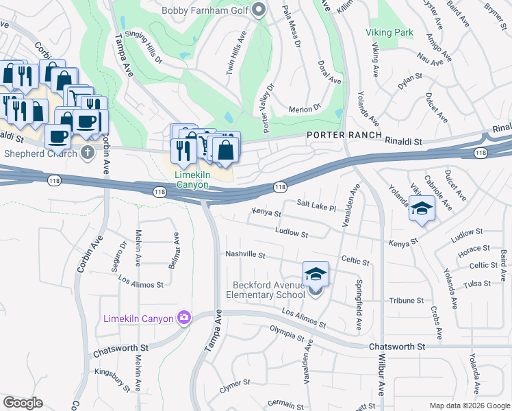 map of restaurants, bars, coffee shops, grocery stores, and more near 19253 Kenya Street in Los Angeles