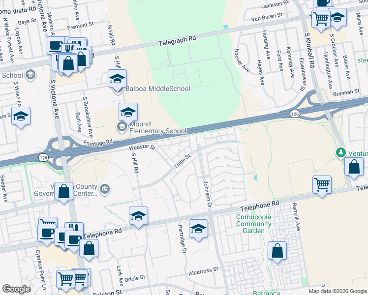 map of restaurants, bars, coffee shops, grocery stores, and more near 641 Newbolt Lane in Ventura
