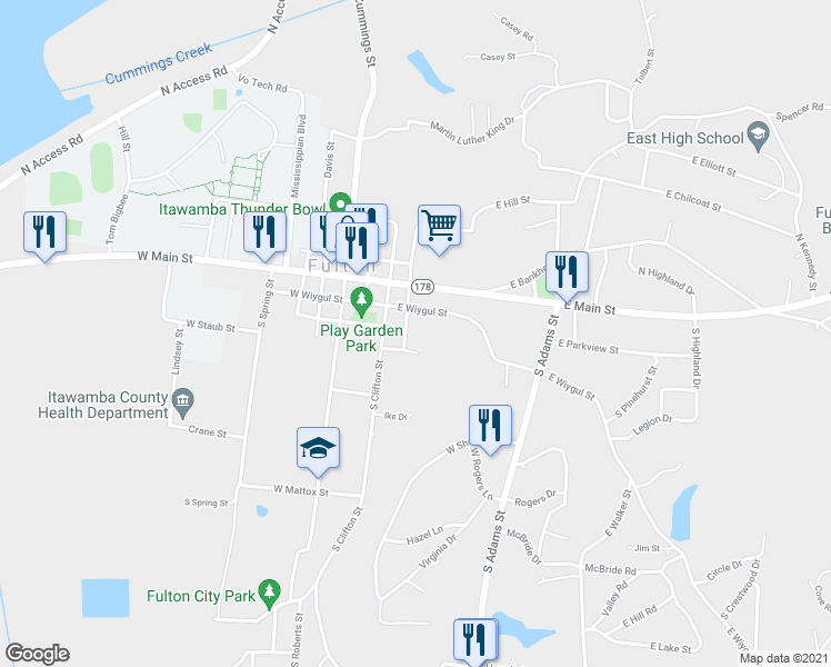 map of restaurants, bars, coffee shops, grocery stores, and more near 207 South Rose Street in Fulton