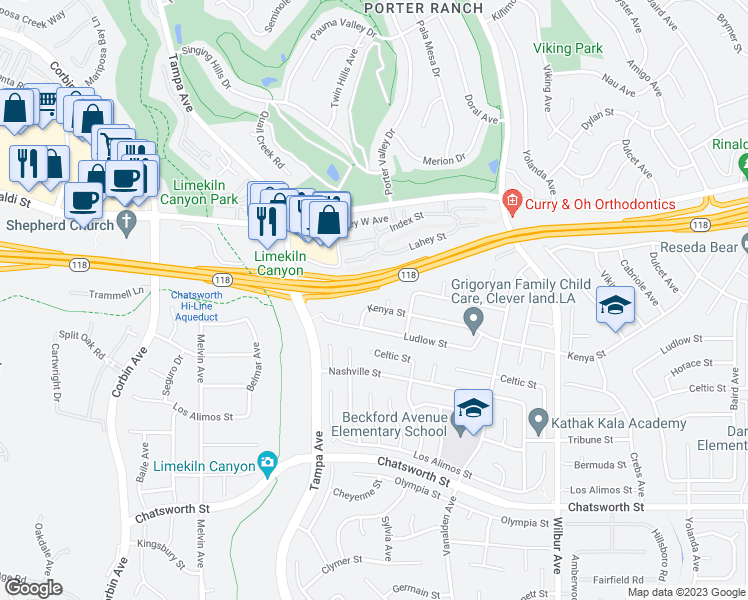 map of restaurants, bars, coffee shops, grocery stores, and more near 19253 Kenya Street in Los Angeles