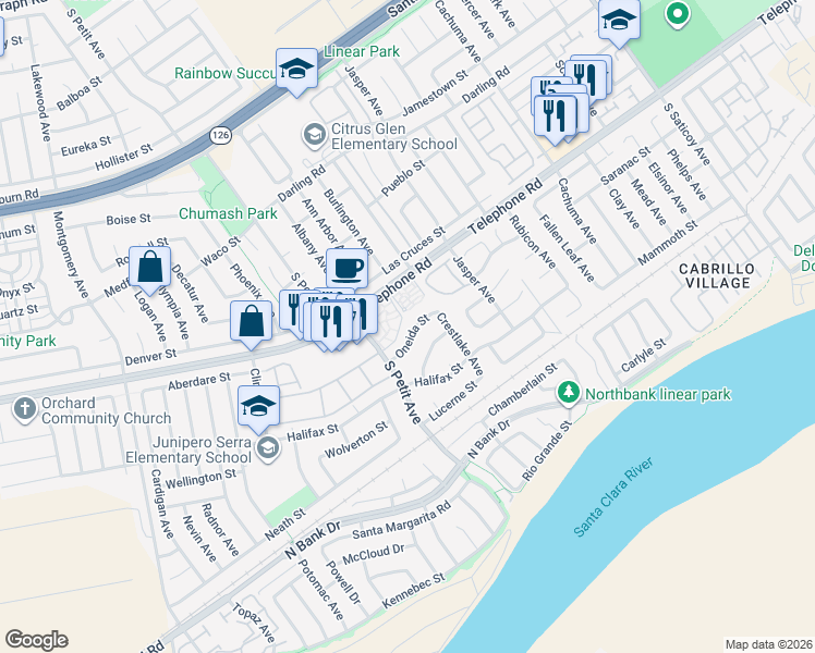 map of restaurants, bars, coffee shops, grocery stores, and more near 9607 Oneida Street in Ventura