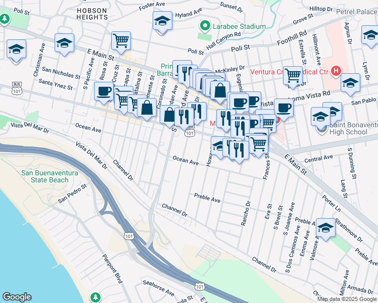 map of restaurants, bars, coffee shops, grocery stores, and more near 332 Arcade Drive in Ventura