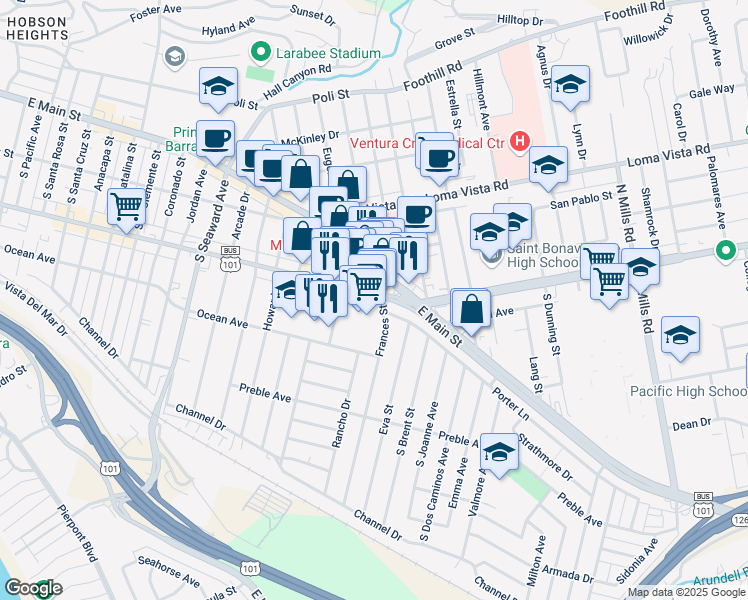 map of restaurants, bars, coffee shops, grocery stores, and more near 2790A East Thompson Boulevard in Ventura