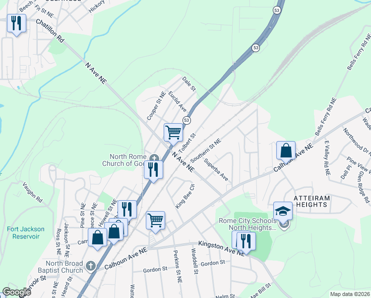 map of restaurants, bars, coffee shops, grocery stores, and more near 210 Tolbert Street in Rome