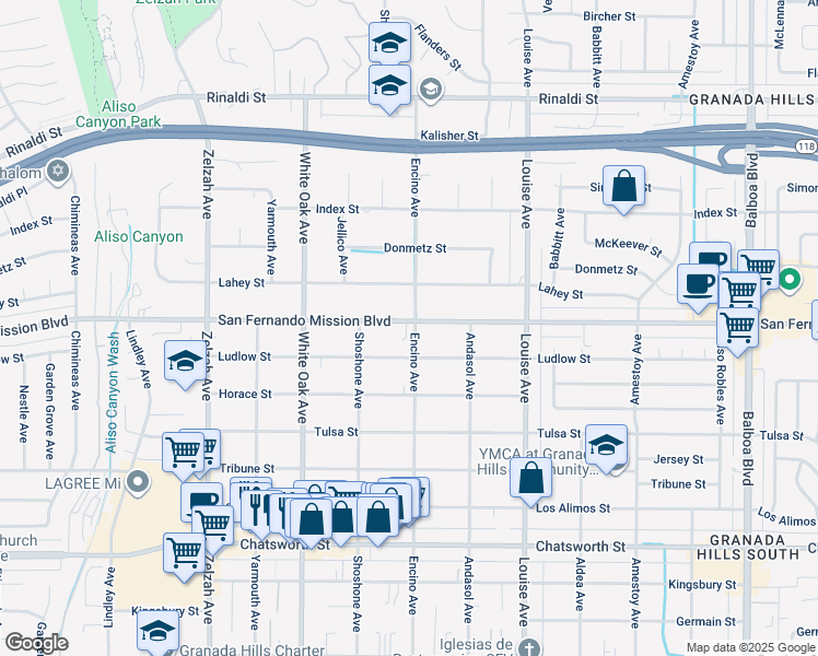 map of restaurants, bars, coffee shops, grocery stores, and more near 17504 San Fernando Mission Boulevard in Los Angeles