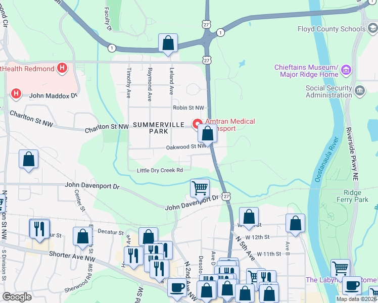map of restaurants, bars, coffee shops, grocery stores, and more near 5 Oakwood Street Northwest in Rome