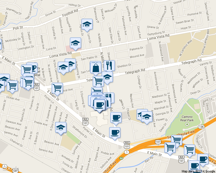 map of restaurants, bars, coffee shops, grocery stores, and more near 80-176 South Mills Road in Ventura