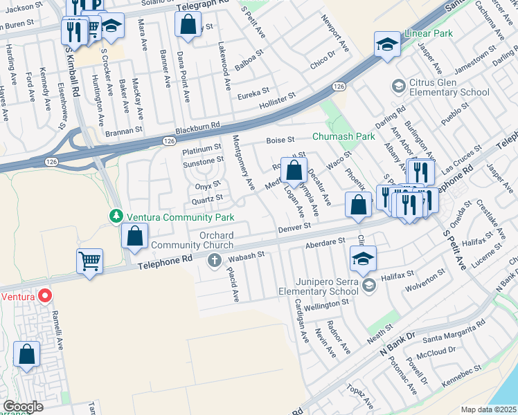 map of restaurants, bars, coffee shops, grocery stores, and more near 867 Montgomery Avenue in Ventura