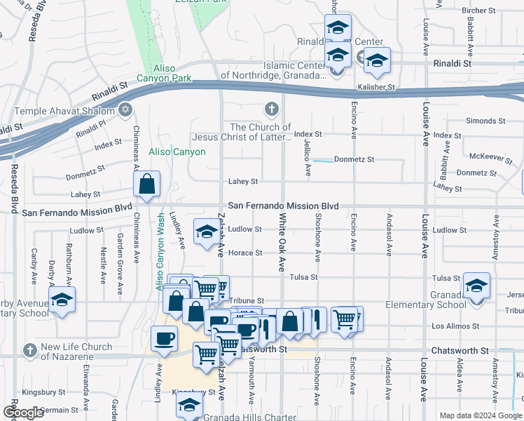 map of restaurants, bars, coffee shops, grocery stores, and more near 17736 San Fernando Mission Boulevard in Los Angeles