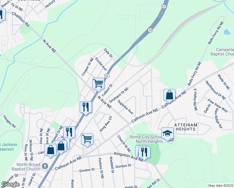 map of restaurants, bars, coffee shops, grocery stores, and more near 2103 Southern Street Northeast in Rome