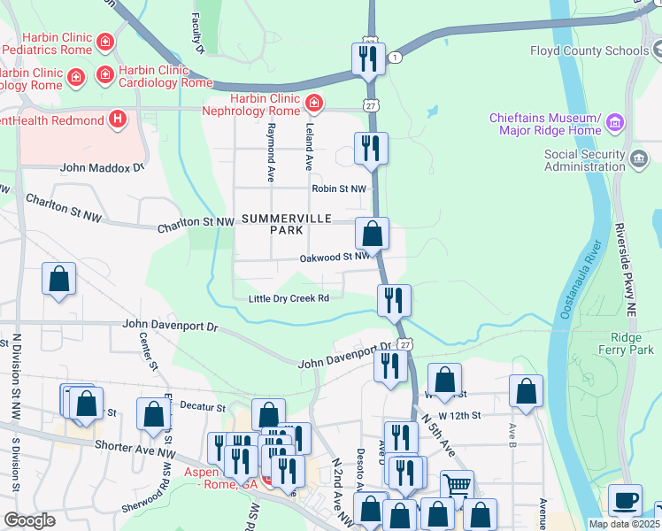 map of restaurants, bars, coffee shops, grocery stores, and more near 9 Oakwood Street Northwest in Rome