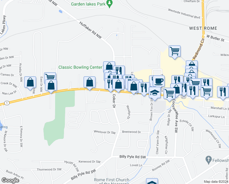 map of restaurants, bars, coffee shops, grocery stores, and more near 2500 Shorter Avenue in Rome