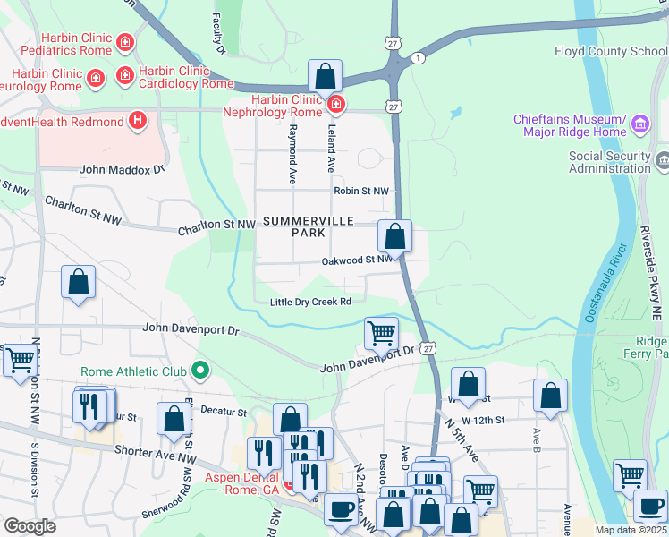 map of restaurants, bars, coffee shops, grocery stores, and more near 17 Oakwood Street Northwest in Rome