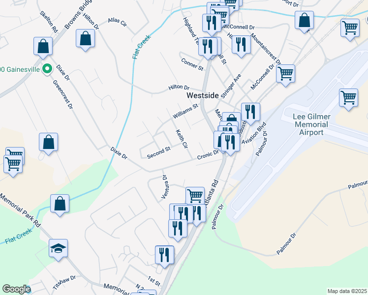 map of restaurants, bars, coffee shops, grocery stores, and more near 302 Keith Circle in Gainesville