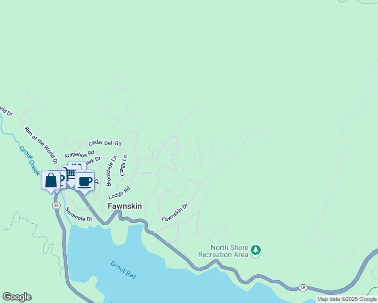 map of restaurants, bars, coffee shops, grocery stores, and more near 1270 Ridge Road in Fawnskin