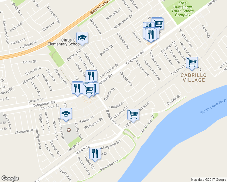 map of restaurants, bars, coffee shops, grocery stores, and more near 9638 Oneida Street in Ventura