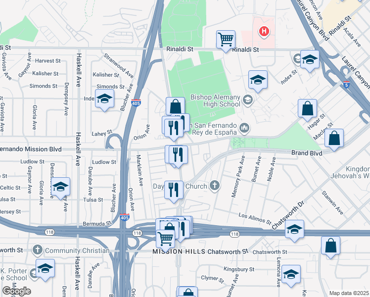 map of restaurants, bars, coffee shops, grocery stores, and more near 15375 San Fernando Mission Boulevard in Los Angeles