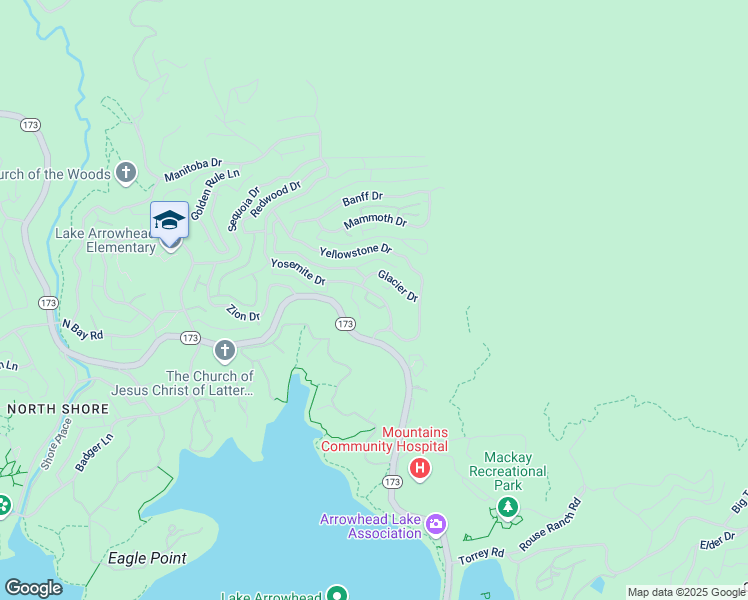 map of restaurants, bars, coffee shops, grocery stores, and more near 1216 Yosemite Drive in Lake Arrowhead