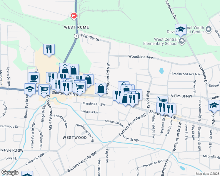 map of restaurants, bars, coffee shops, grocery stores, and more near 12 Old Airport Road Northwest in Rome