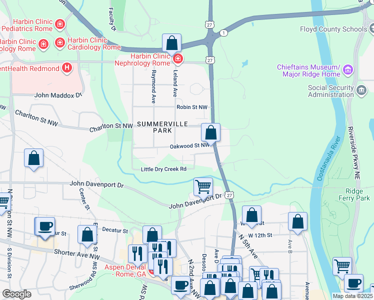 map of restaurants, bars, coffee shops, grocery stores, and more near 9 Oakwood Street Northwest in Rome