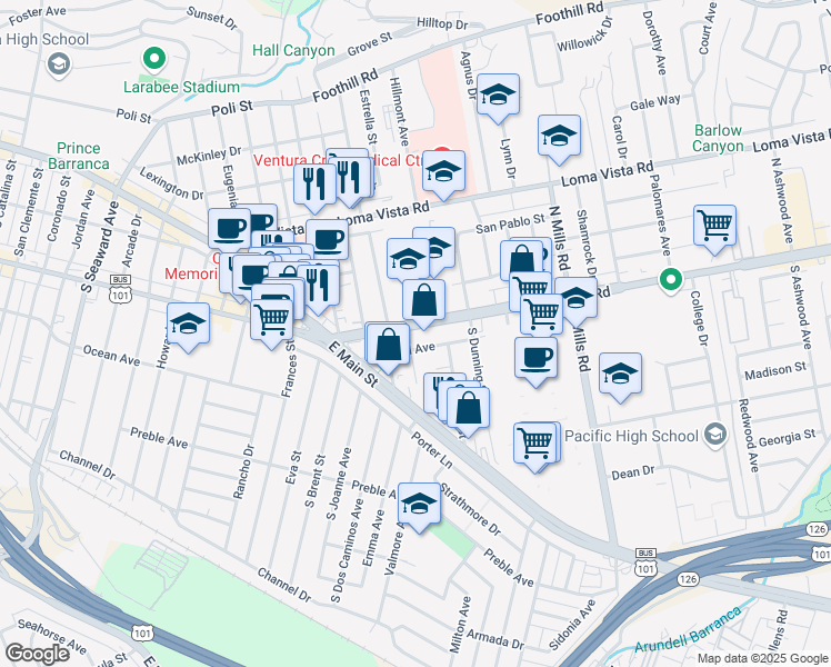 map of restaurants, bars, coffee shops, grocery stores, and more near 3114 Telegraph Road in Ventura