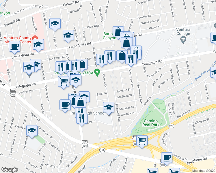 map of restaurants, bars, coffee shops, grocery stores, and more near 162 College Dr in Ventura