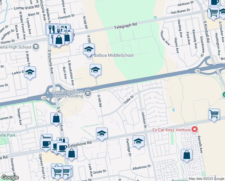 map of restaurants, bars, coffee shops, grocery stores, and more near 577 Thoreau Lane in Ventura