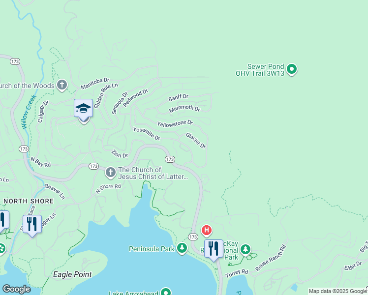 map of restaurants, bars, coffee shops, grocery stores, and more near 1216 Yosemite Drive in Lake Arrowhead