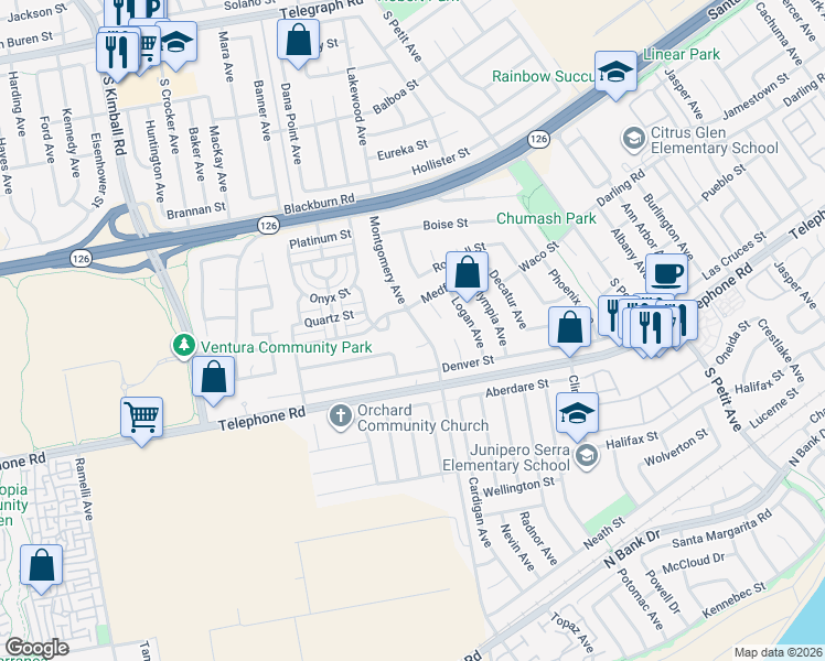 map of restaurants, bars, coffee shops, grocery stores, and more near 867 Montgomery Avenue in Ventura