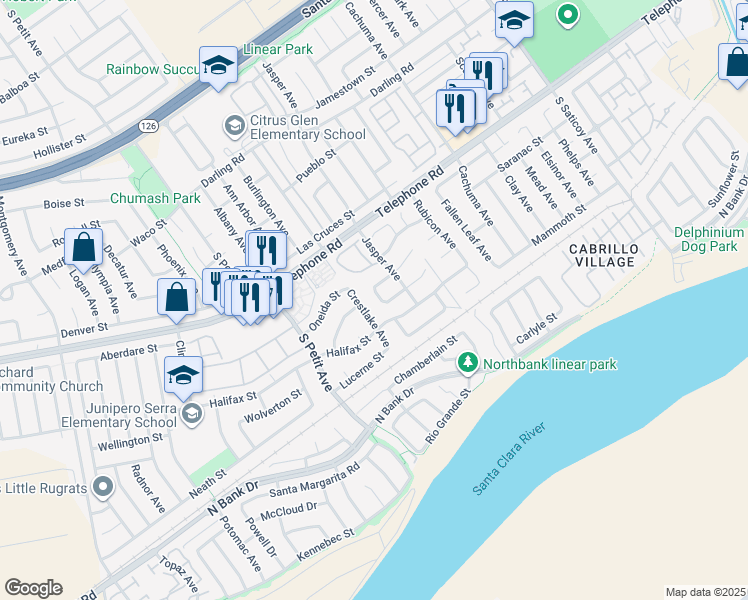 map of restaurants, bars, coffee shops, grocery stores, and more near 1256 Cimarron Avenue in Ventura