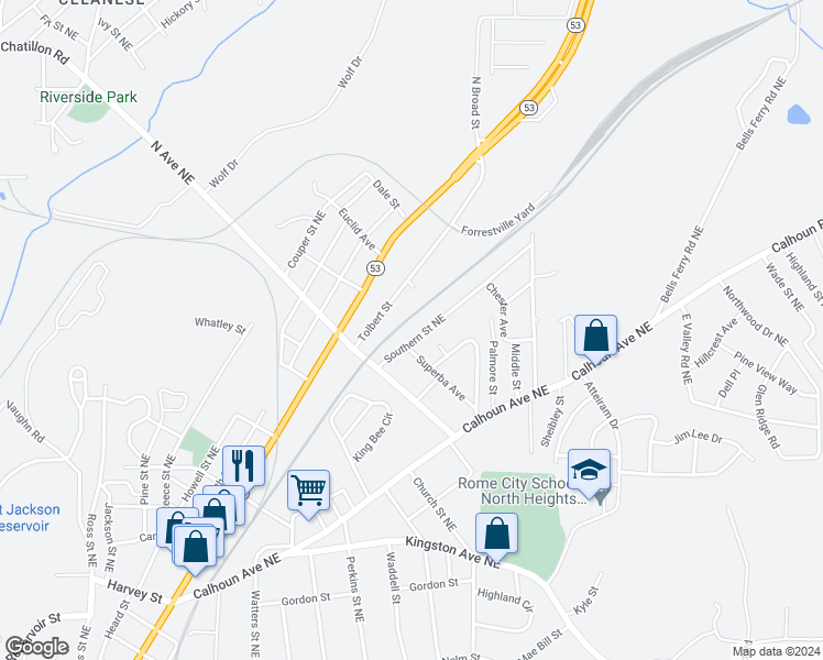 map of restaurants, bars, coffee shops, grocery stores, and more near 2103 Southern Street Northeast in Rome