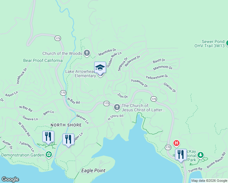 map of restaurants, bars, coffee shops, grocery stores, and more near 28686 Zion Drive in Lake Arrowhead
