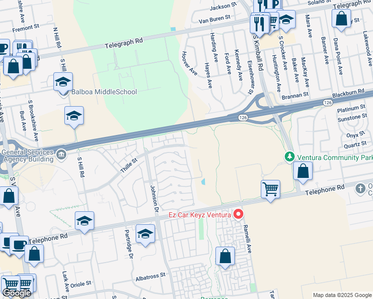 map of restaurants, bars, coffee shops, grocery stores, and more near 204 Browning Avenue in Ventura