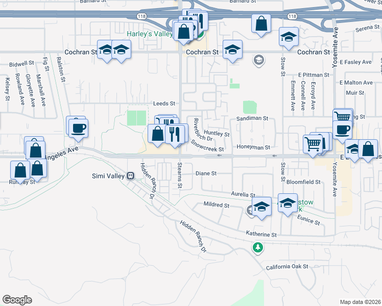 map of restaurants, bars, coffee shops, grocery stores, and more near 2104 Snowberry Court in Simi Valley