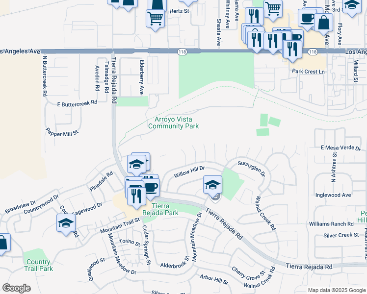 map of restaurants, bars, coffee shops, grocery stores, and more near 4494 Summerglen Court in Moorpark