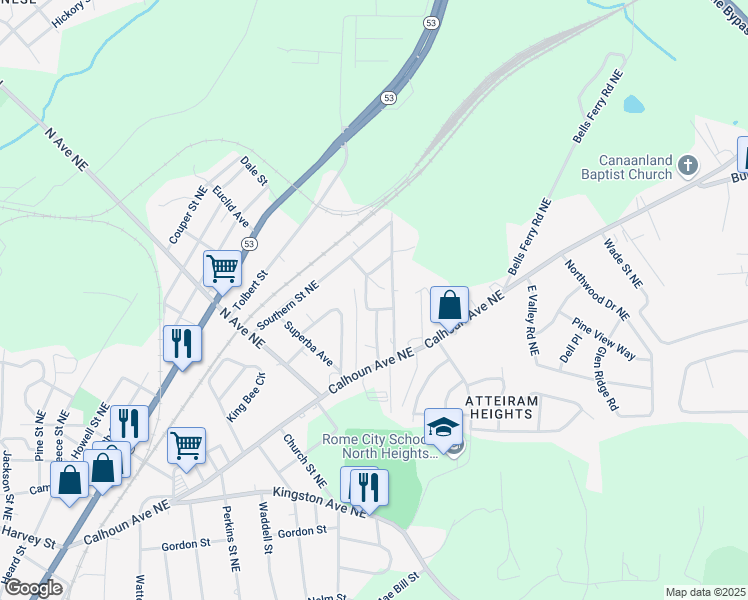map of restaurants, bars, coffee shops, grocery stores, and more near 103 Rudy Street in Rome