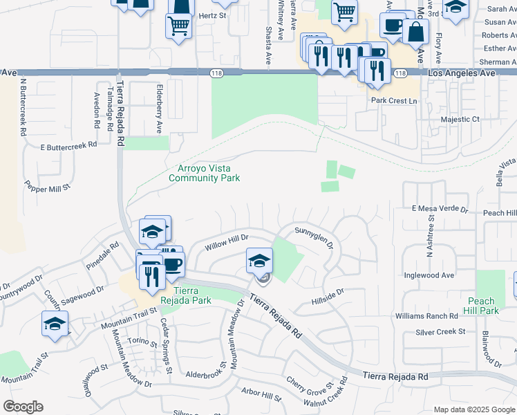 map of restaurants, bars, coffee shops, grocery stores, and more near 4471 Sky Glen Court in Moorpark