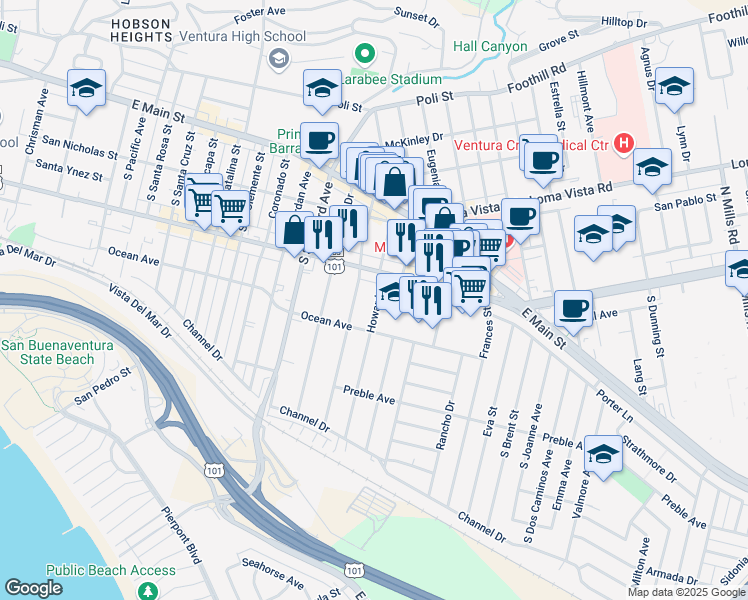 map of restaurants, bars, coffee shops, grocery stores, and more near 257 Howard Street in Ventura