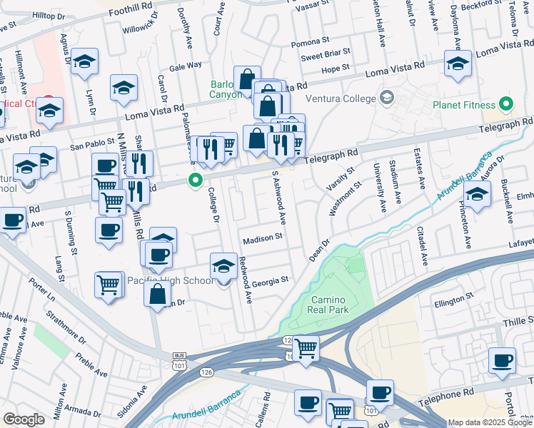 map of restaurants, bars, coffee shops, grocery stores, and more near 4020 Cocos Court in Ventura