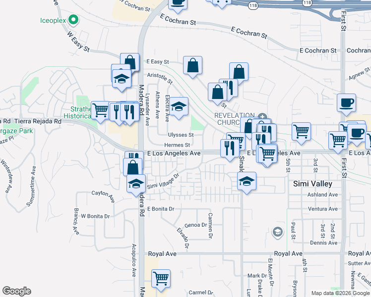 map of restaurants, bars, coffee shops, grocery stores, and more near 276 Hermes St in Simi Valley