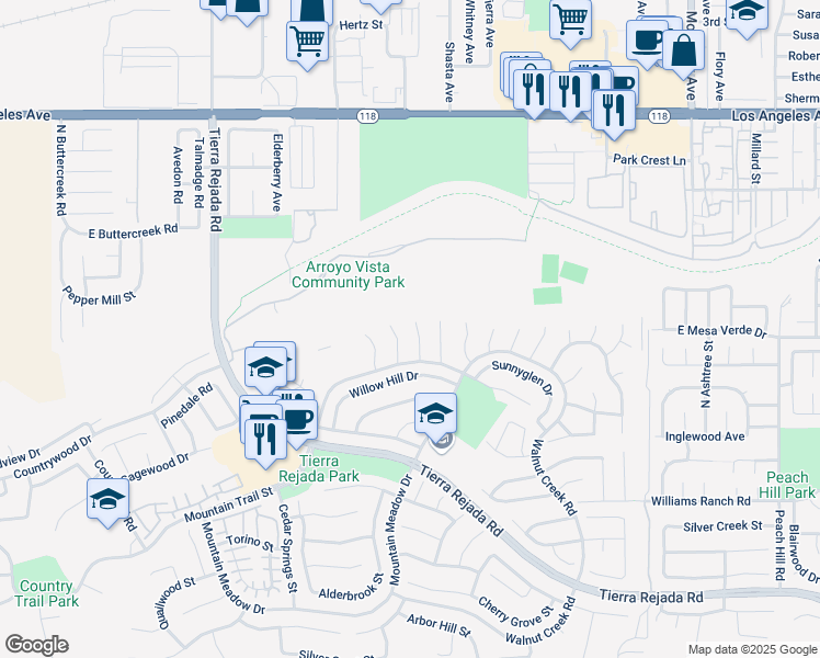 map of restaurants, bars, coffee shops, grocery stores, and more near 4469 Appleglen Court in Moorpark