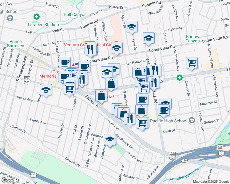 map of restaurants, bars, coffee shops, grocery stores, and more near 3160 Telegraph Road in Ventura