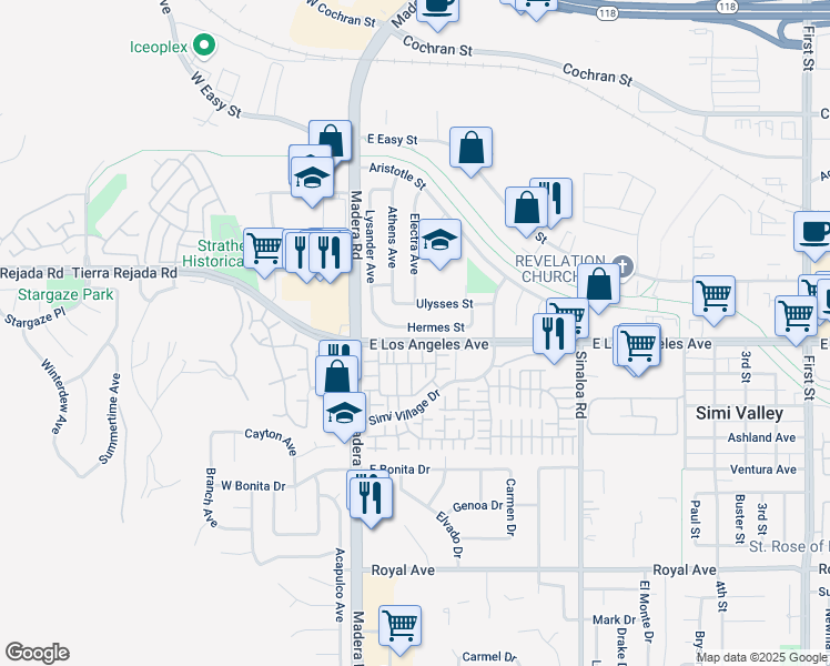 map of restaurants, bars, coffee shops, grocery stores, and more near 204 Hermes Street in Simi Valley