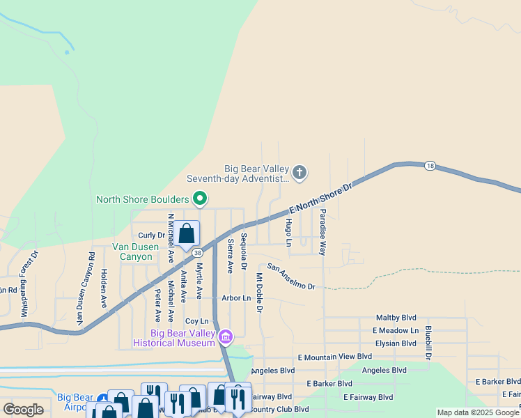 map of restaurants, bars, coffee shops, grocery stores, and more near 1104 Mount Doble Drive in Big Bear