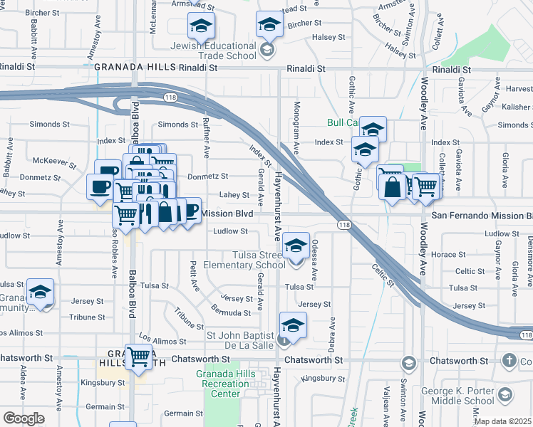 map of restaurants, bars, coffee shops, grocery stores, and more near 16605 San Fernando Mission Boulevard in Los Angeles