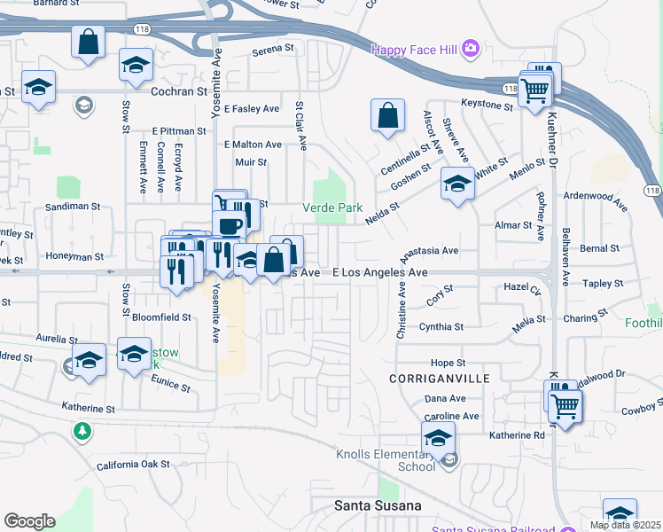 map of restaurants, bars, coffee shops, grocery stores, and more near 2006 Suede Avenue in Simi Valley