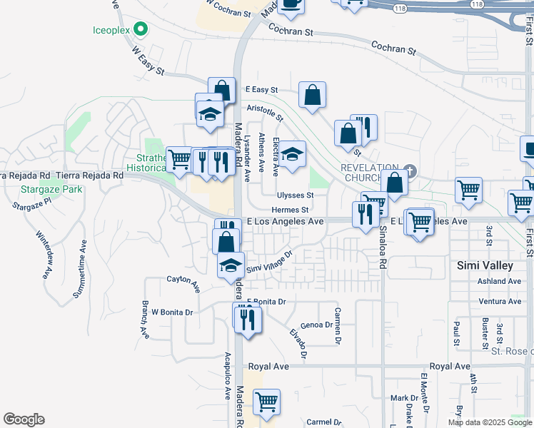 map of restaurants, bars, coffee shops, grocery stores, and more near 204 Hermes Street in Simi Valley