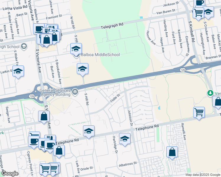 map of restaurants, bars, coffee shops, grocery stores, and more near 641 Newbolt Lane in Ventura